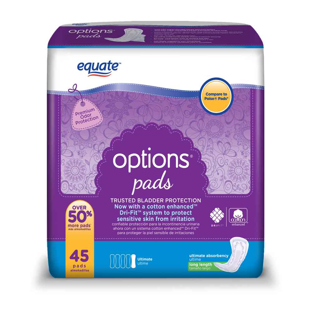 Equate Options Incontinence Pads for Women, Ultimate, Long, 45 Ct